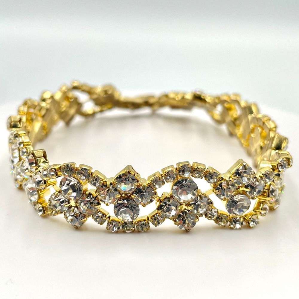Vintage Gold Tone Clear Rhinestone Openwork Link Statement Bracelet Bridal Retro